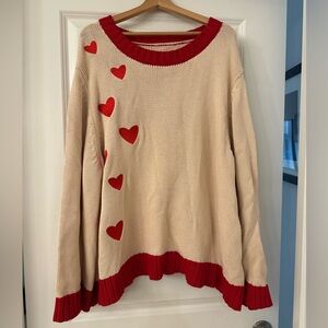 Cream Crewneck Sweater with Red Heart Accents